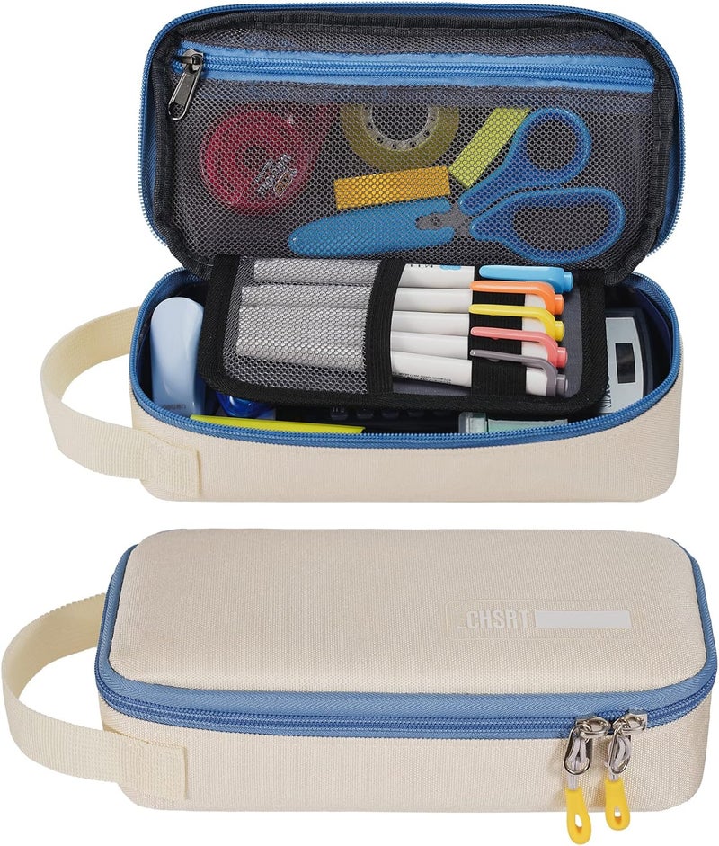 ECHSRT Pencil Case for Men Women, Large Pen Bag for Adults, Portable Pencil Pouch Aesthetic with Handle, Zipper Cases for Office Organizer Beige - Image 1